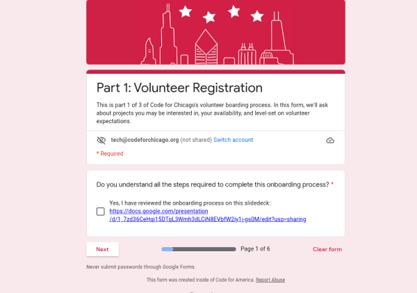 Screenshot of first part of volunteer registration form