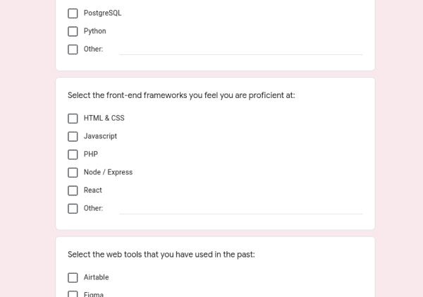 Screenshot of second part of volunteer registration form asking about skills