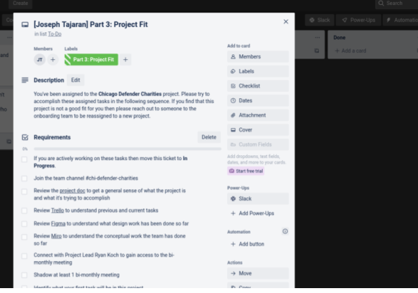 Screenshot of Trello card about project fit