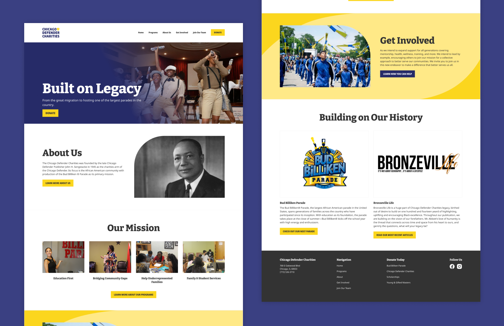 Wireframes for the home page of the new Chicago Defender Charities website